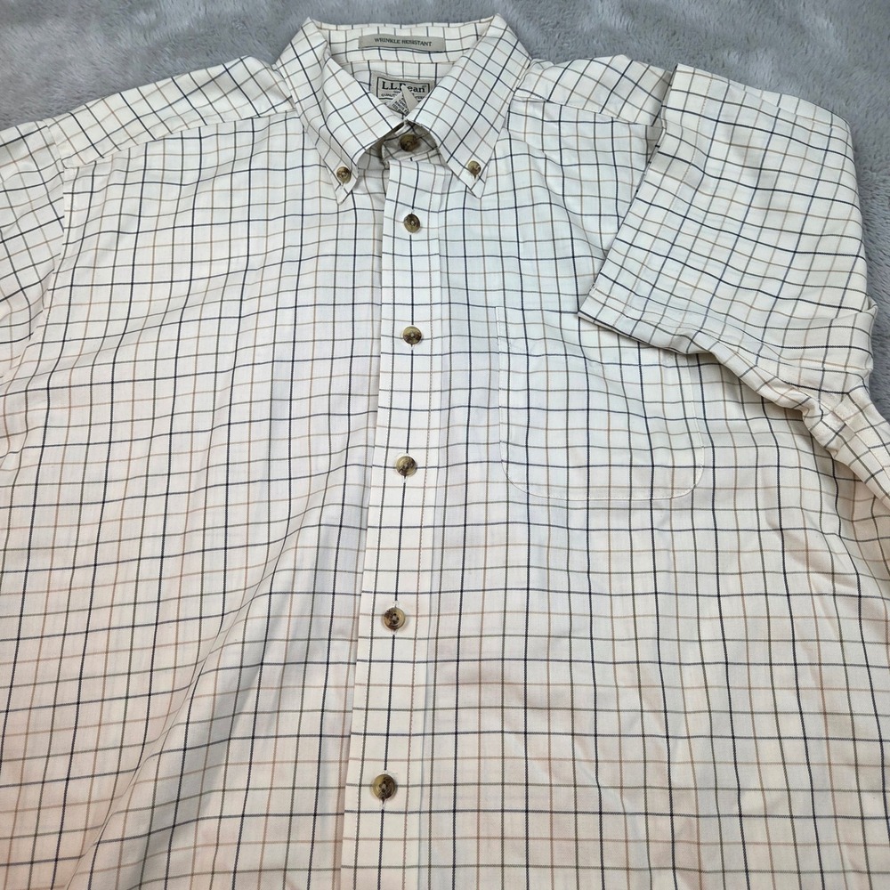 LL Bean Wrinkle Resistant Tattersall Check Shirt Mens L Reg Cream Short Sleeve